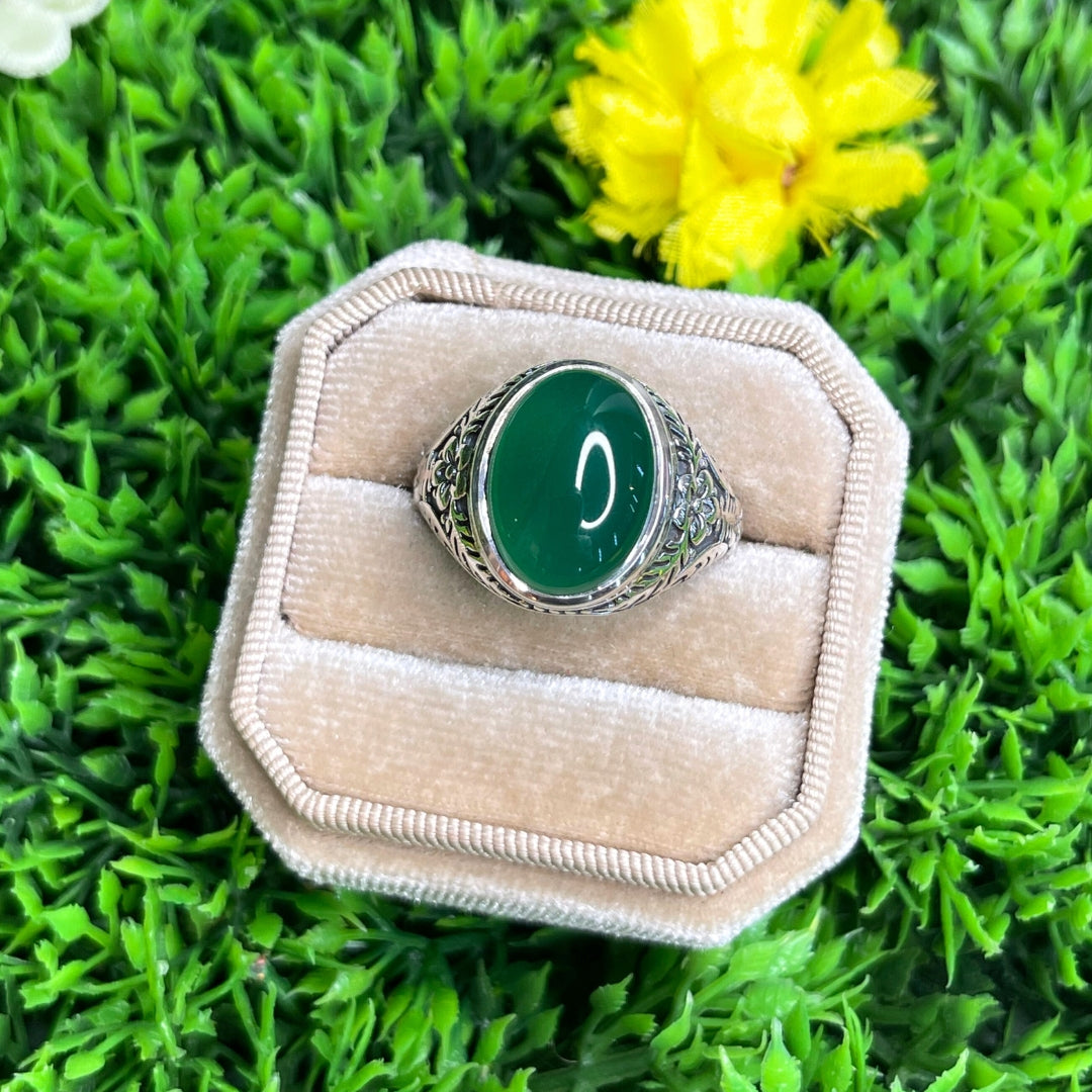 Chevalière Argent Onyx Vert Fleurie