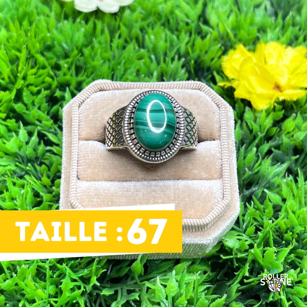 Chevalière Argent Malachite Damier #2