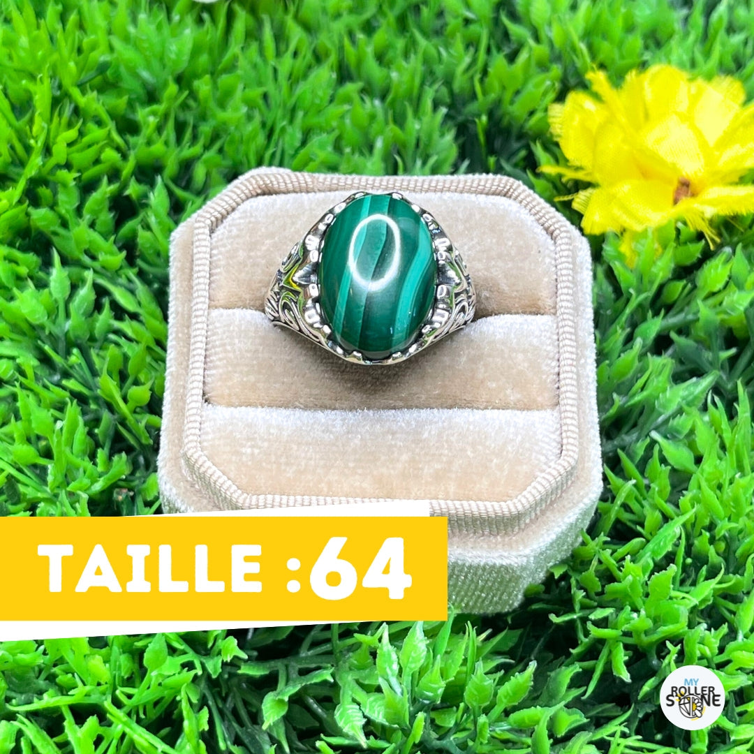 Chevalière Argent Malachite Paon #4