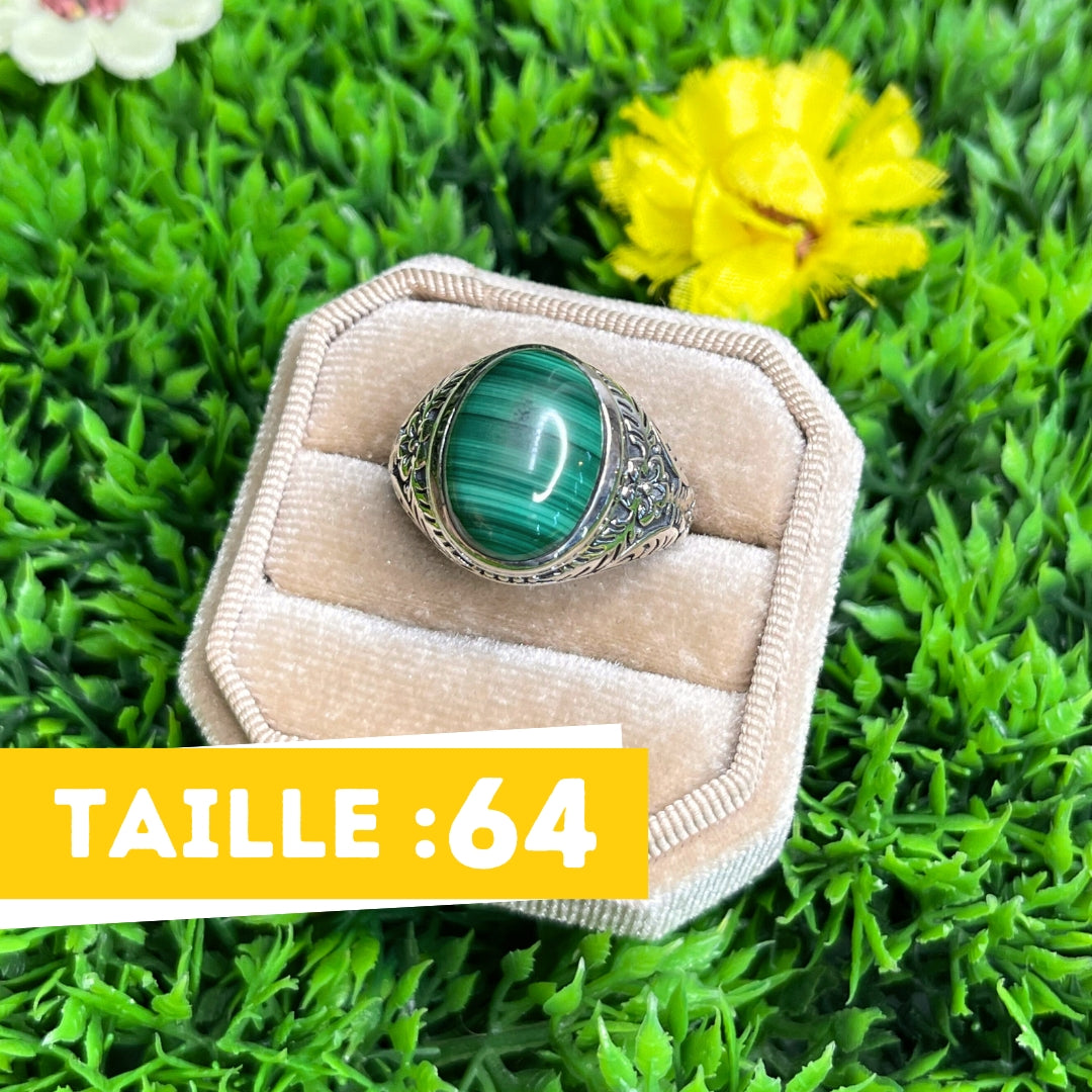 Chevalière Argent Malachite Fleurie #1