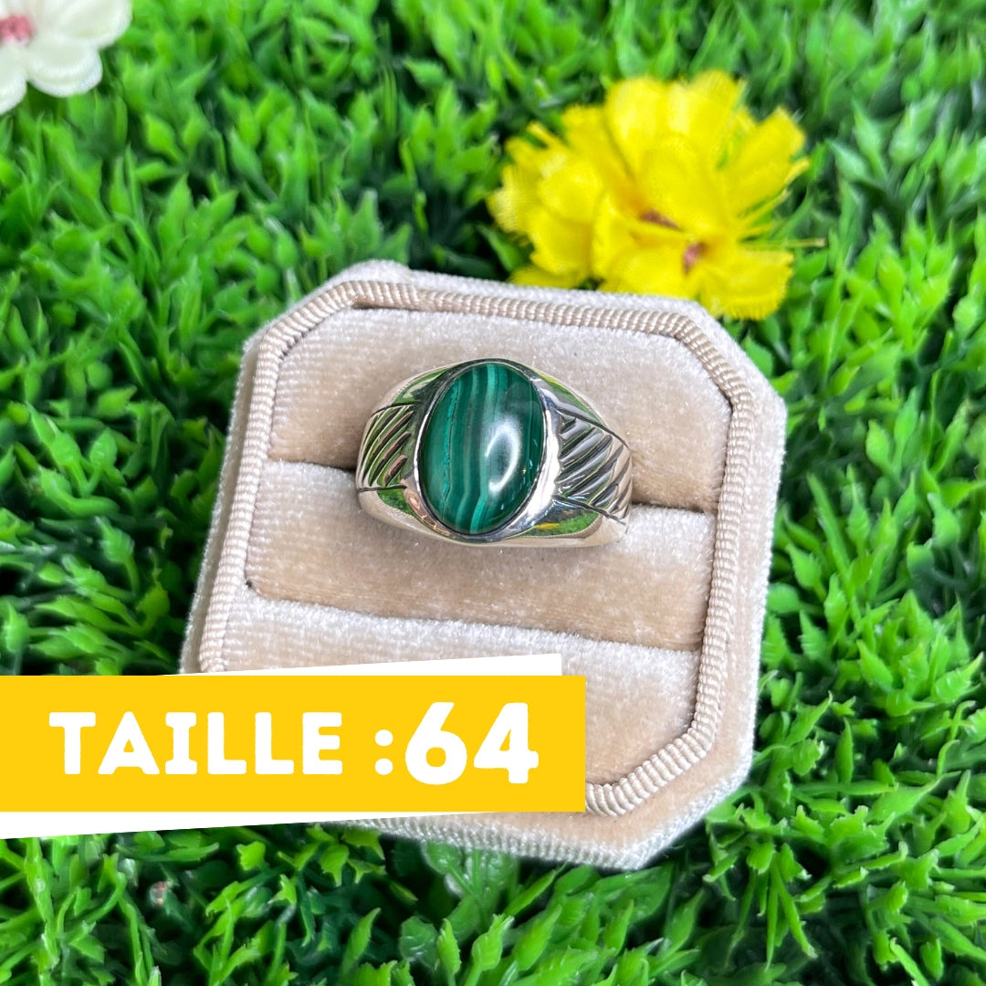 Chevalière Argent Malachite Rayé #1