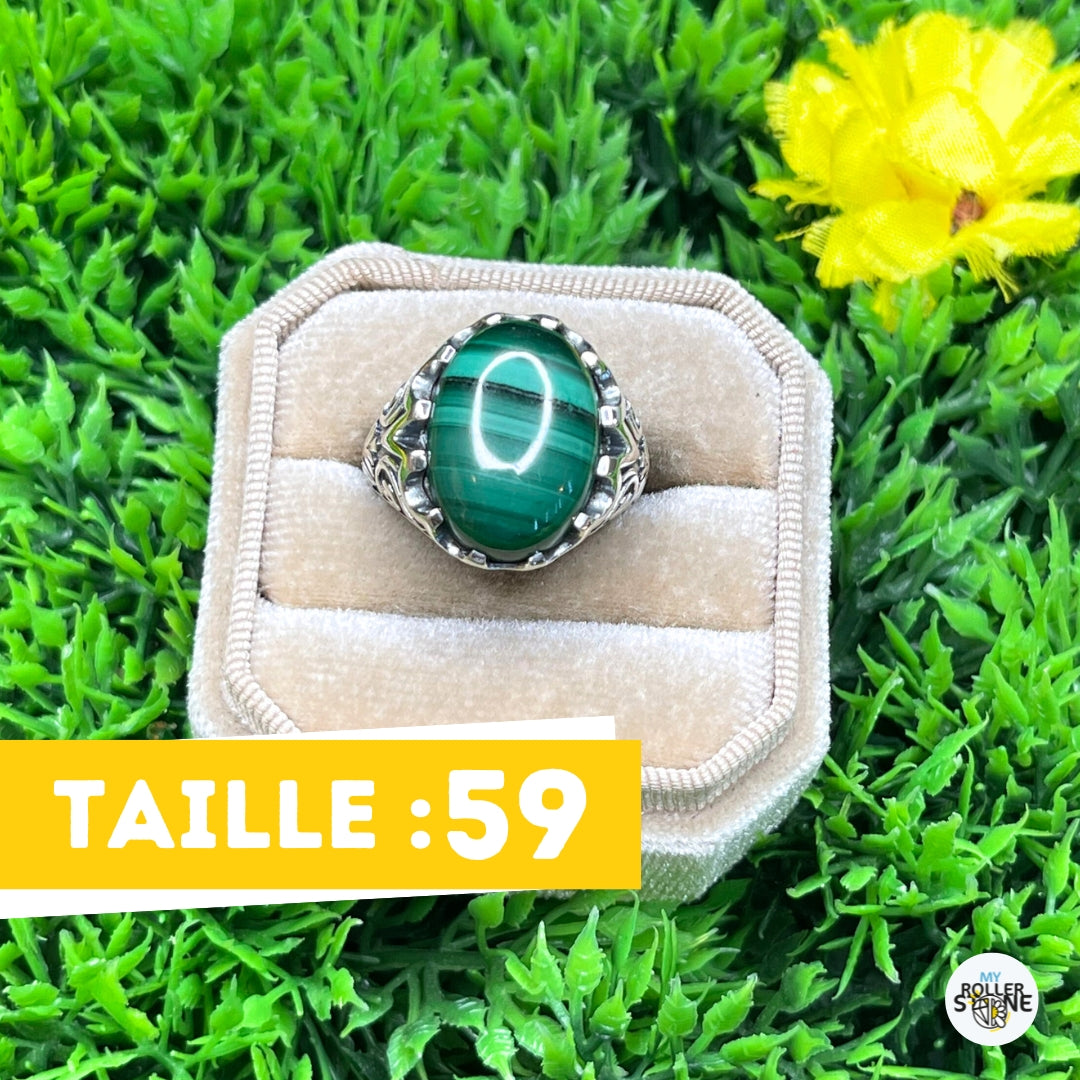 Chevalière Argent Malachite Paon #1