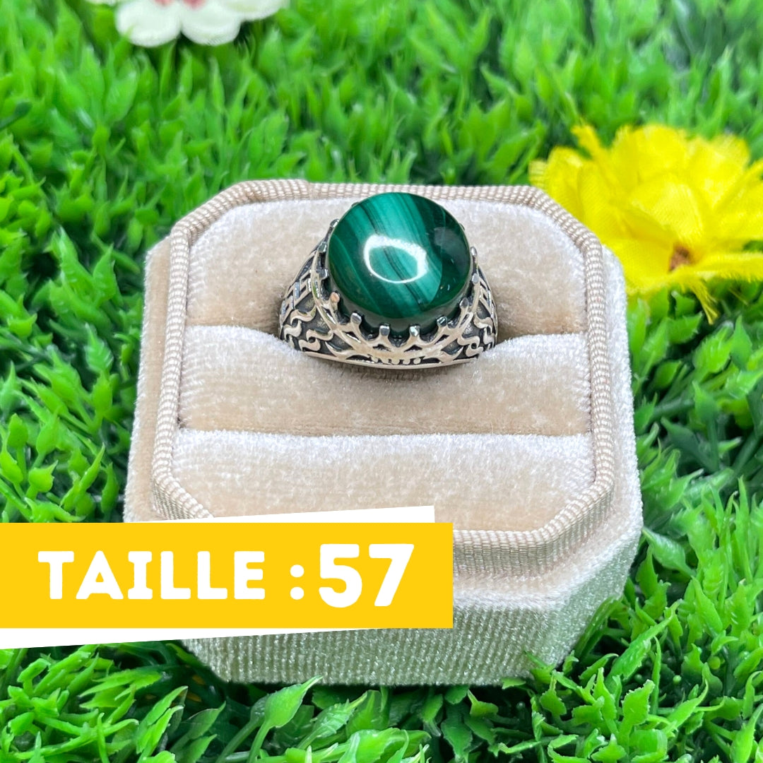 Chevalière Argent Malachite Flamme #1