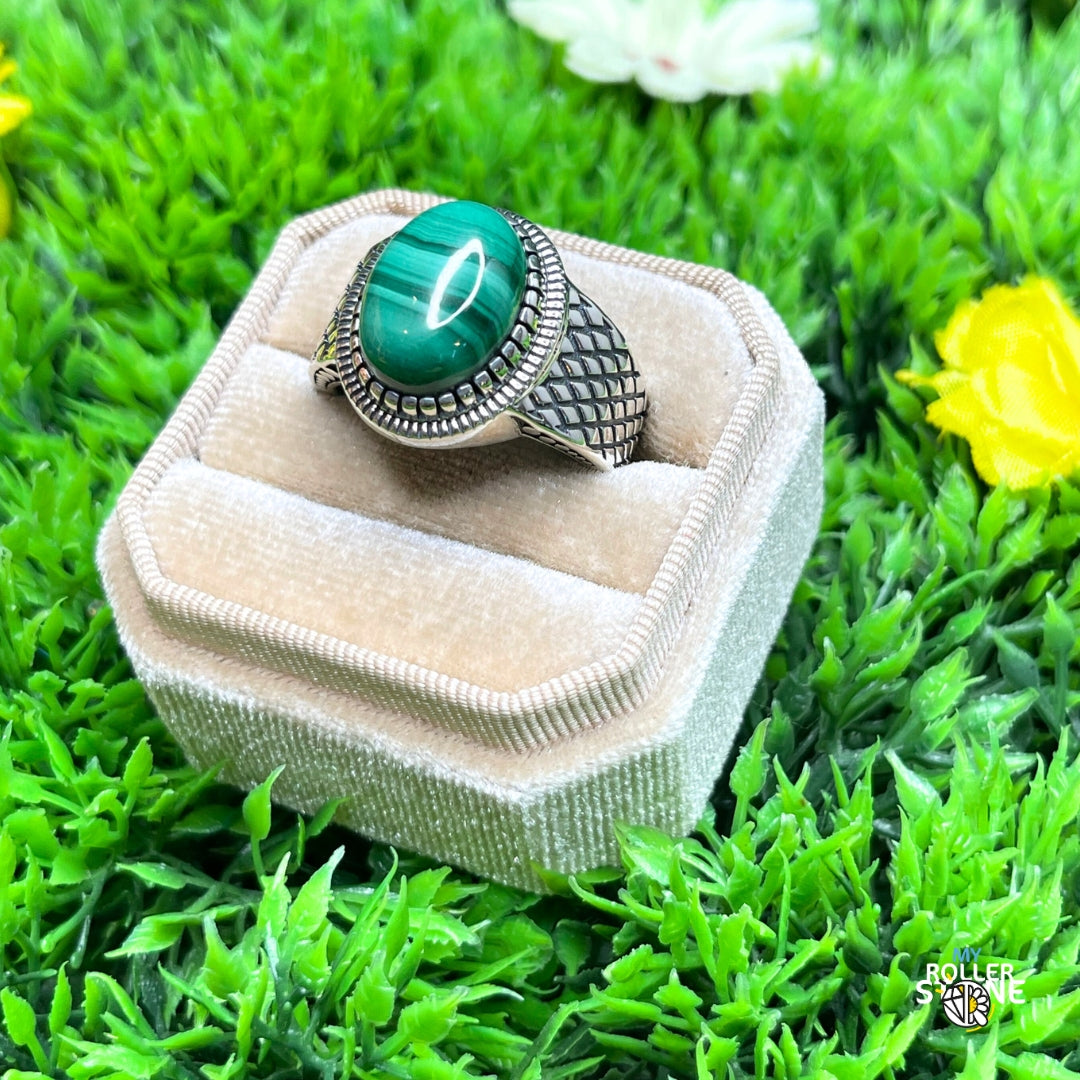 Chevalière Argent Malachite Damier #2