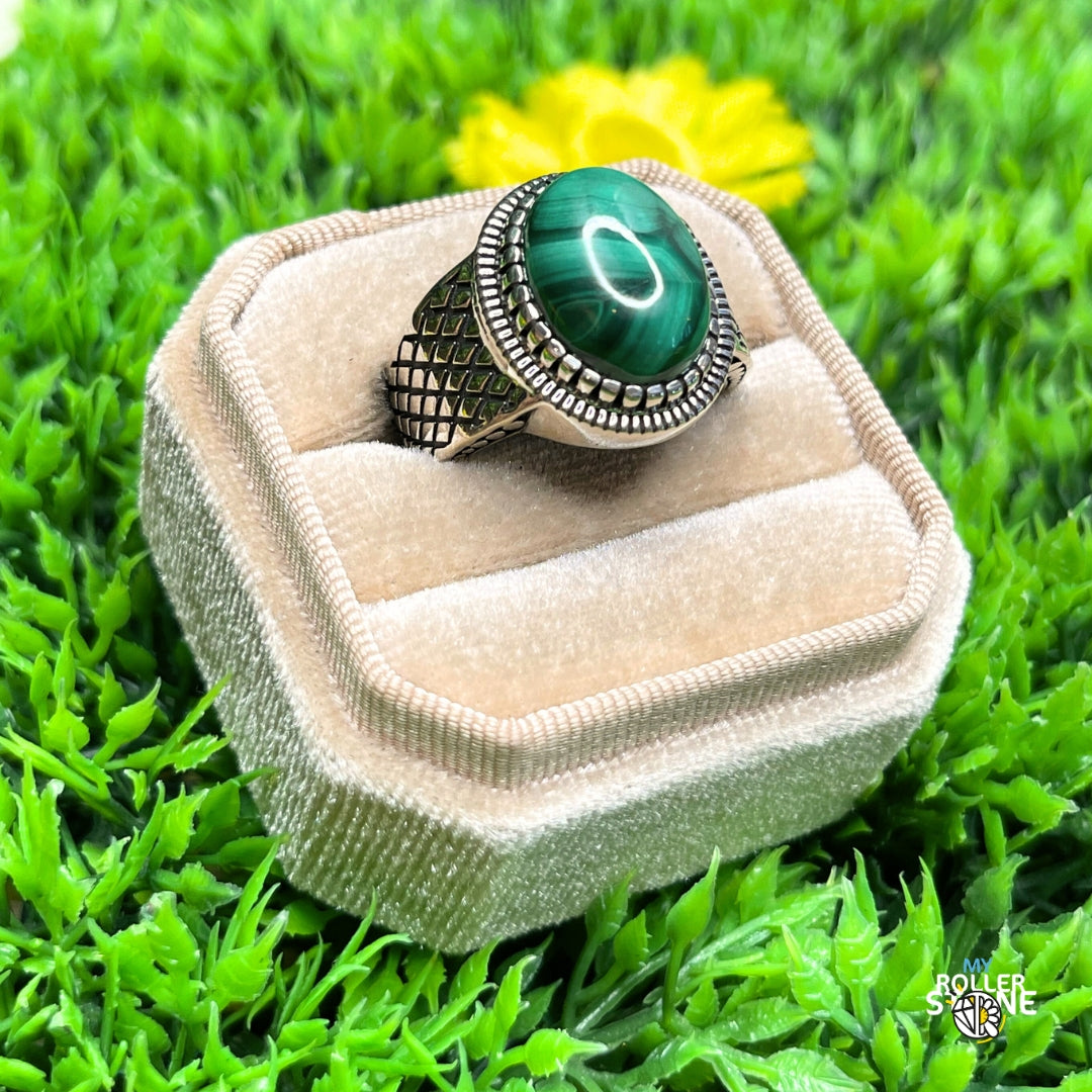 Chevalière Argent Malachite Damier #1