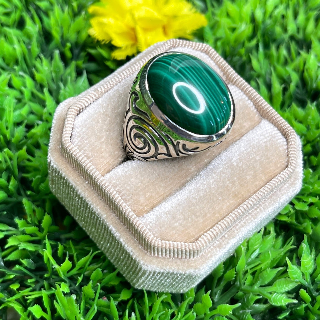 Chevalière Argent Malachite Tribal #3