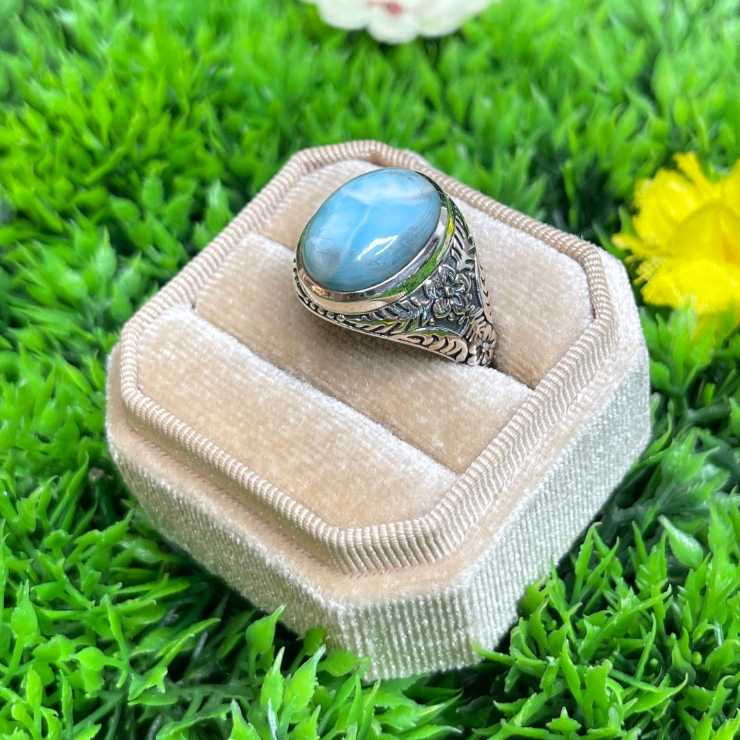 Chevalière Argent Larimar Fleurie #1