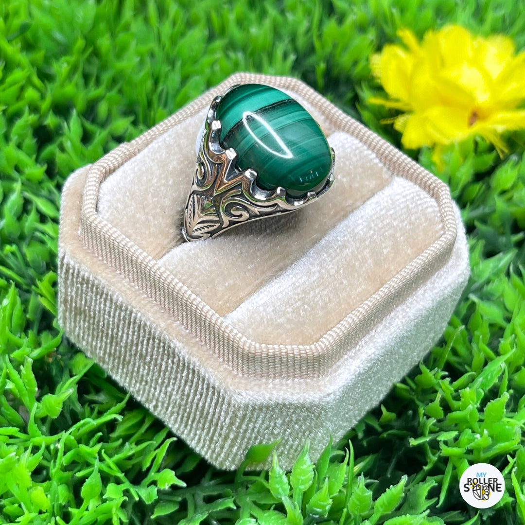 Chevalière Argent Malachite Paon #1