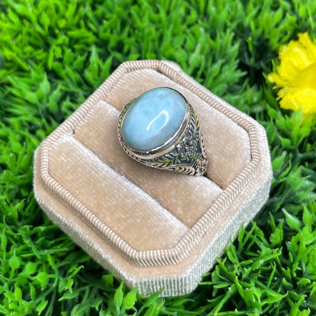 Chevalière Argent Larimar Fleurie #4