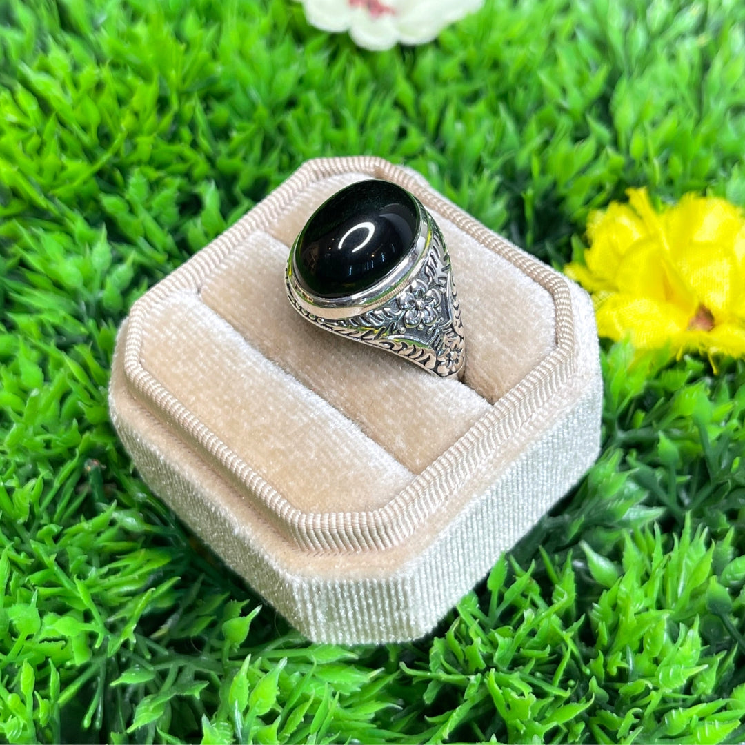 Chevalière Argent Onyx Noir Fleurie