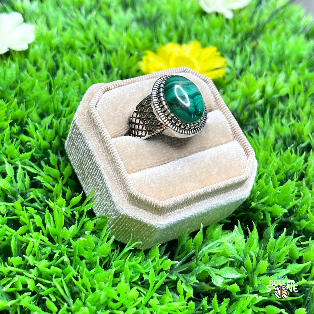 Chevalière Argent Malachite Damier #3