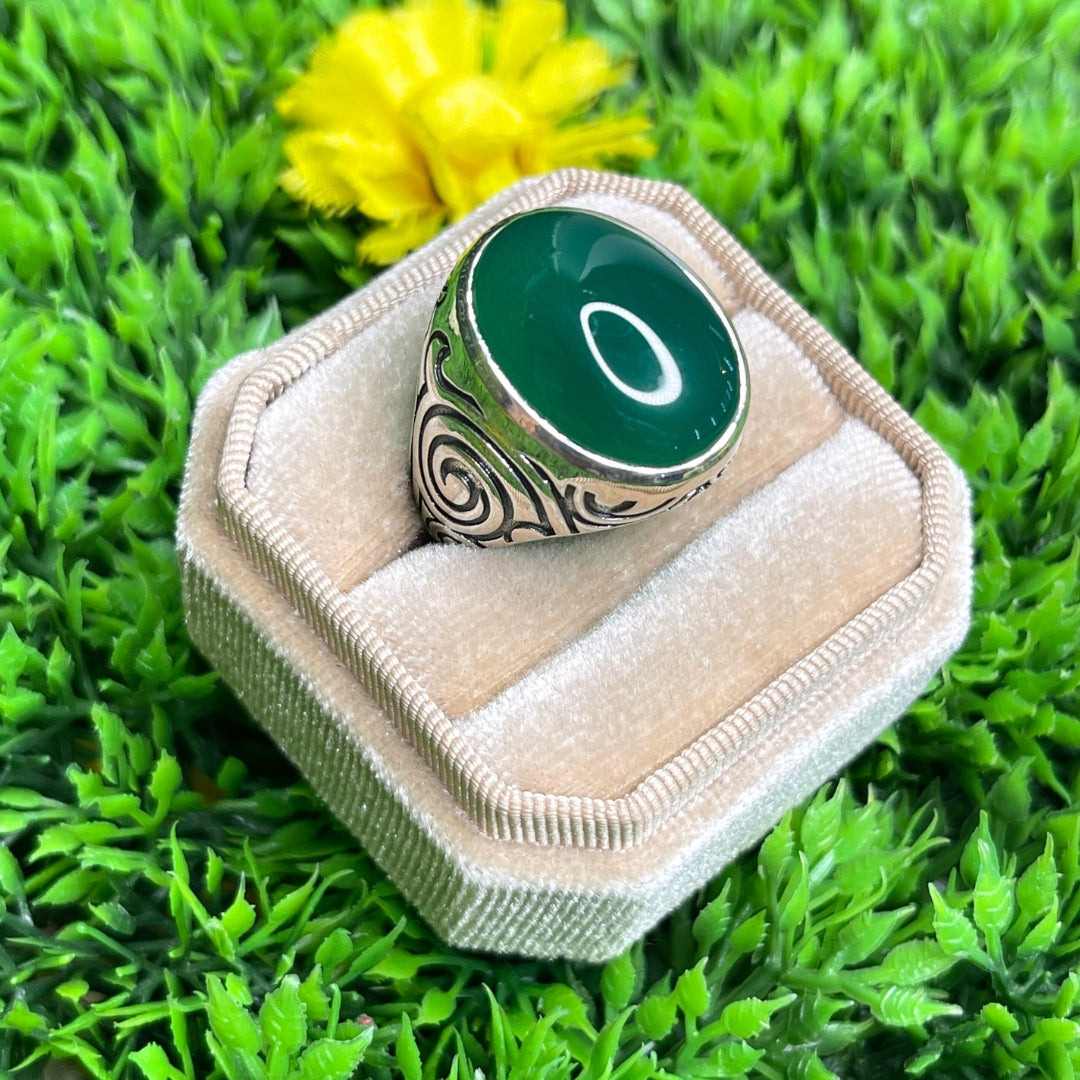 Chevalière Argent Onyx Vert Tribal