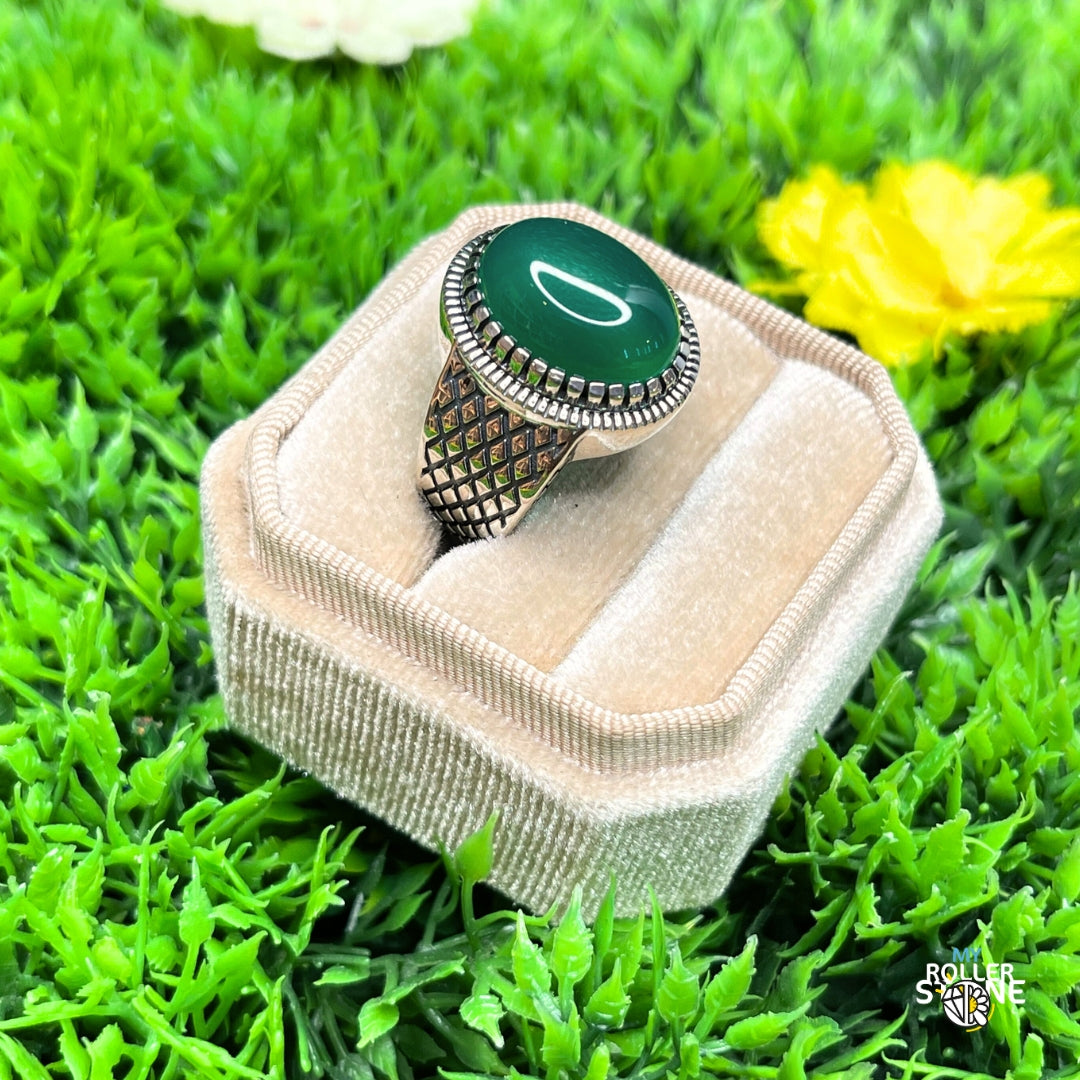 Chevalière Argent Onyx Vert Damier