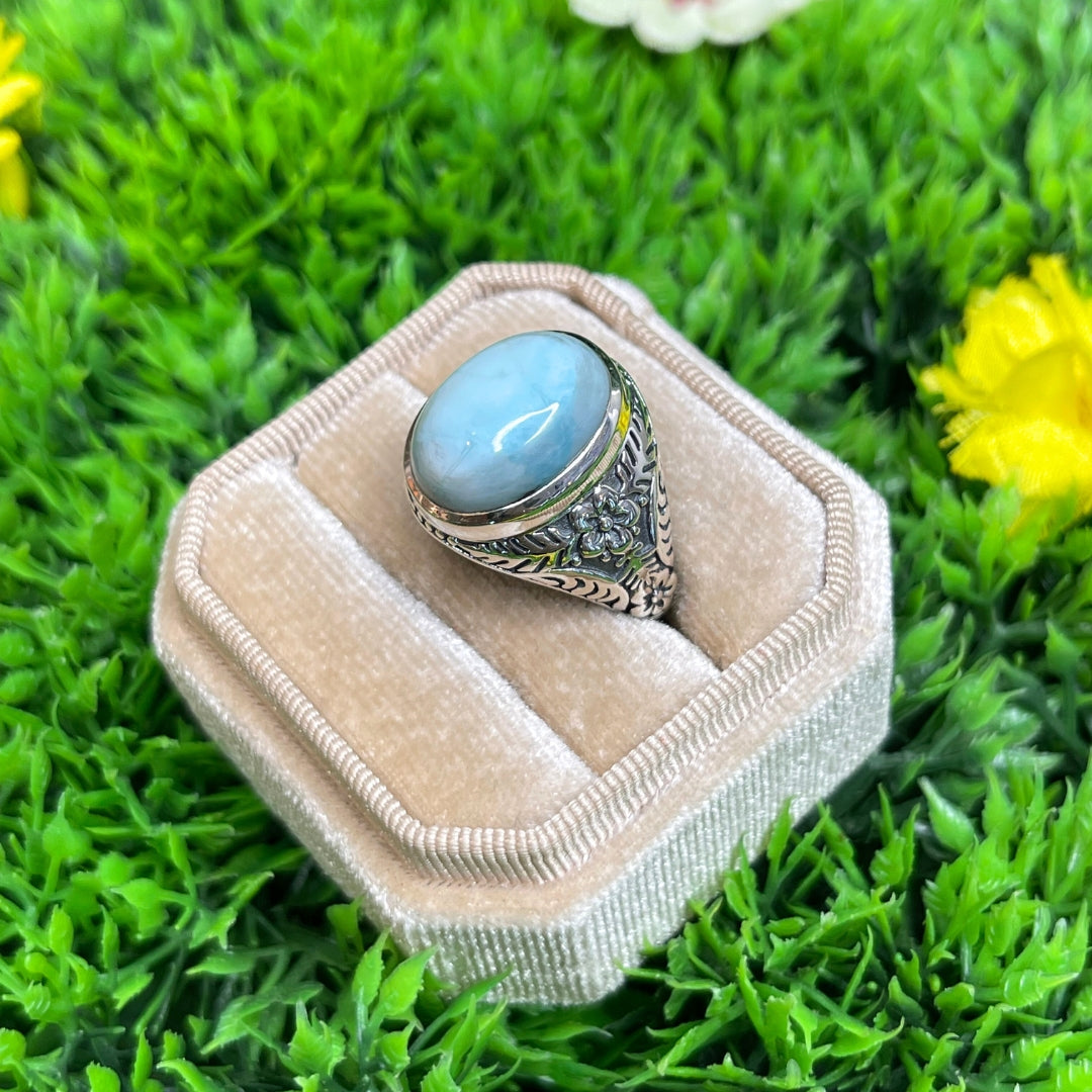 Chevalière Argent Larimar Fleurie #3