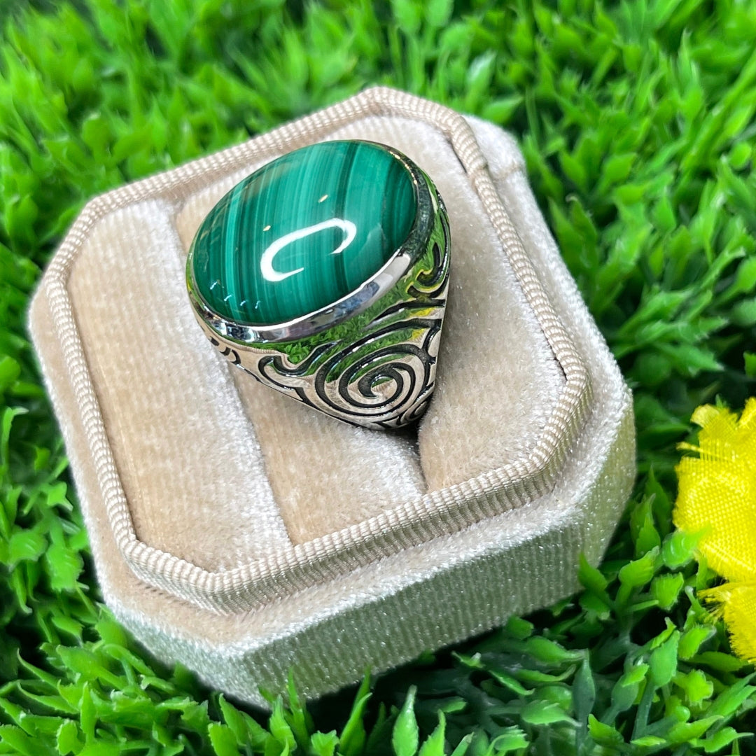 Chevalière Argent Malachite Tribal #2