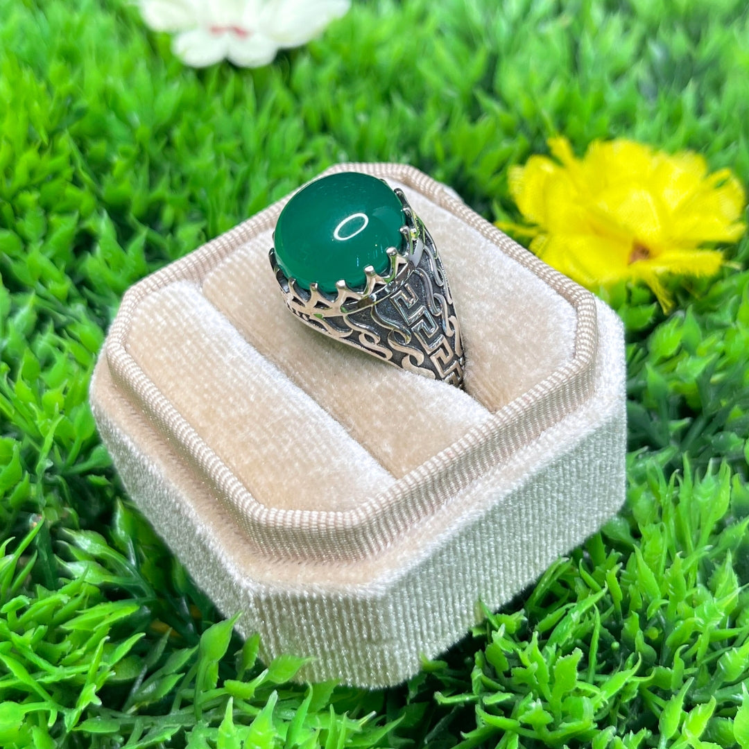 Chevalière Argent Onyx Vert Flamme